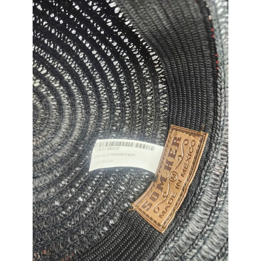 Som-Her Black Wide Brim Straw Sun Hat Coral Pink Ribbon Made in Mexico